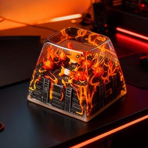 May include: A clear, square-shaped keycap with a detailed interior design. The keycap features a cityscape with orange flames and small character figures. The overall aesthetic is a vibrant, fiery theme.