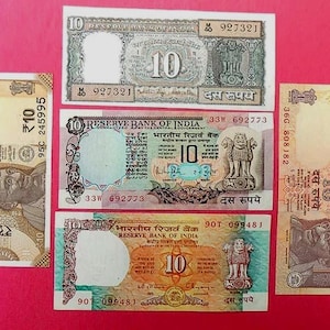 Rare 10 Rupee Indian Banknotes – 1997-2018  - 5 Signature Notes Set