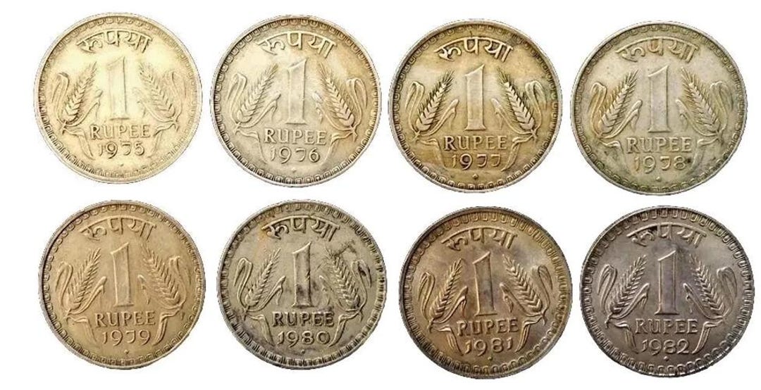 INDIAN COINS 1975-1982 India 1 Rupee Coins - Dabbu Copper Nickel - 8 ...