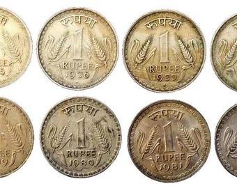 INDIAN COINS 1975-1982 India 1 Rupee Coins - Dabbu Copper Nickel - 8 Coin Set