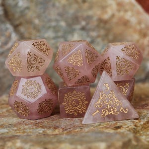 Rose Quartz| Gemstone Dice Set| Irises Patterns|  Polyhedral Stone| RPG Gift