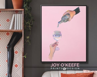 Pink Watercolor Hands Glass and Bottle Unique Framed Canvas Wall Art for Your Home or Gift | Vertical Brown or Black Wood Frame 16x20 24x30