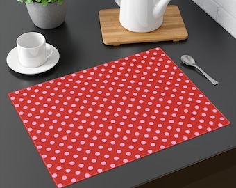 Red with Pink Polka Dots Placemat Size: 18"x14" Colorful Dining, Side Table Decor, Retro Design, Matching Table Runner, Mother Day Gift