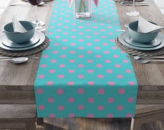 Aqua with Pink Polka Dots Table Runner, Available in 2 Sizes Vibrant Home Decor, Maximalist Style, Colorful Dining Spaces, Matching Placemat