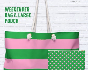 Striped Green & Pink Weekender Bag with Rope Handles and Polka Dot Large Zipper Pouch, Bright and Bold Travel Essentials, Get away in Style