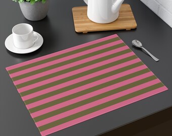 Pink & Army Green Stripe Placemat Size: 18"x14" Colorful Dining, Side Table Decor, Retro Design Matching Table Runner, Mother Day, Bday Gift