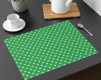 Green & Pink Polka Dots Placemat Size: 18"x14" Colorful Dining or Side Table Decor, Retro Design, Use for Baby Toddler Eating Time