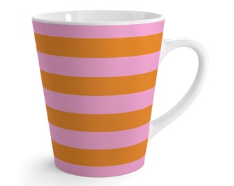 Orange & Pink Stripe Latte Mug, White Ceramic on the Inside, Perfect for Morning Coffee, Tea, Evening Hot Cocoa or a Hot Cocktail