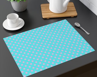 Aqua with Pink Polka Dot Placemat Size: 18"x14" Colorful Dining, Side Table Decor, Retro Design Matching Table Runner, Mother Day, Bday Gift