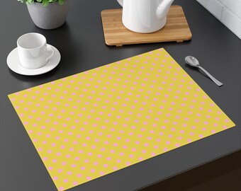 Yellow with Pink Polka Dots Placemat Size: 18"x14" Colorful Dining, Side Table Decor, Retro Design, Matching Table Runner, Mother Day Gift