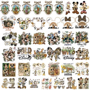 Peut inclure: Une collection d'illustrations numériques représentant des personnages Disney en tenue de safari, dont Mickey, Minnie, Donald et Dingo. Les motifs intègrent des imprimés animaliers, du feuillage tropical et du texte comme Disney Trip 2026.