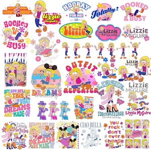 May include: A collection of colorful Lizzie McGuire themed stickers. The stickers feature various images of the character in different poses, along with phrases like "Booked & Busy" and "Dreams are Made Of". The color palette includes pink, blue, and yellow.