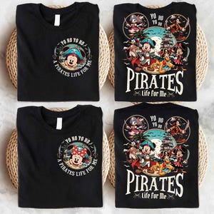 May include: Four black t-shirts with pirate-themed designs. Two shirts feature Mickey Mouse in a pirate hat with the text "Yo Ho Yo Ho, A Pirates Life For Me." The other two shirts display a pirate scene with Mickey, Minnie, and other characters.