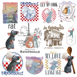 May include: A collection of illustrations and graphics featuring the animated film "Ratatouille." The images include the Eiffel Tower, cartoon rats, and text such as "La Ratatouille," "Paris, FR," and "Food is My Love Language."