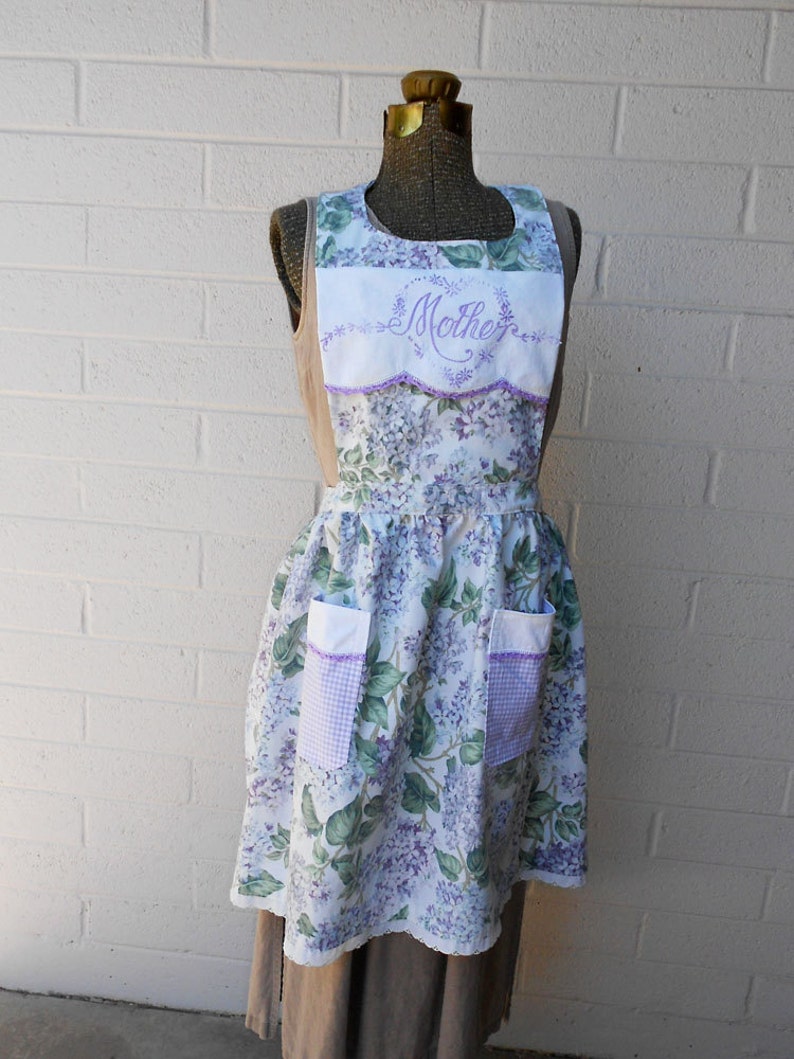 Mother Purple Floral Apron with Embroidered and Crocheted Detail