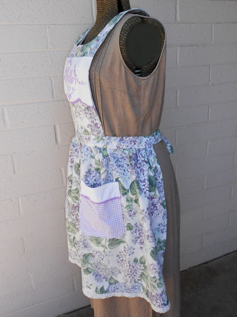 Mother Purple Floral Apron with Embroidered and Crocheted Detail