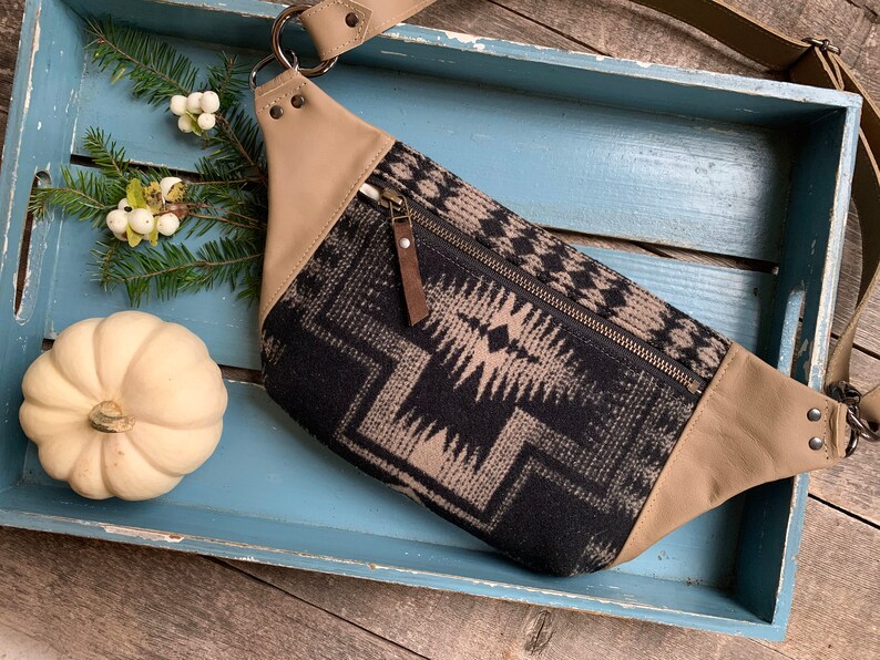 Fanny Pack Hip Bag Southwestern Black Harding Wool Tan Leather Rosebud Originals