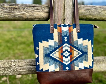 Medium Tote || Southwestern Rock Point Blue Brown Leather || Rosebud Originals