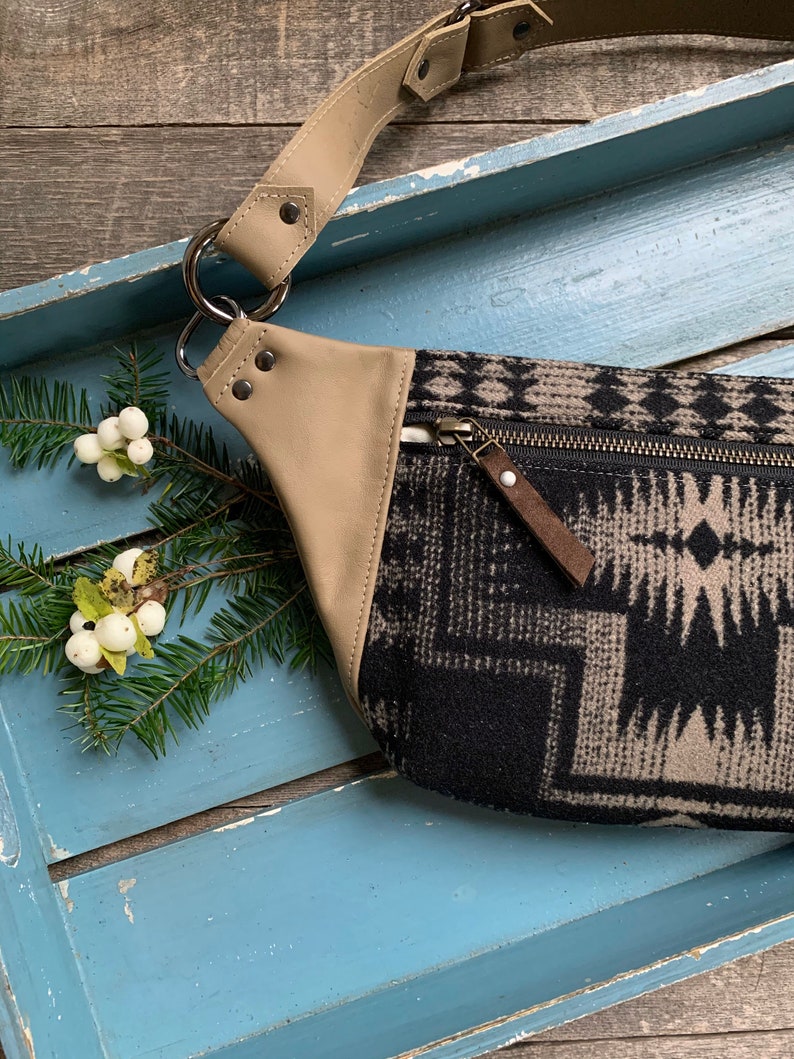 Fanny Pack Hip Bag Southwestern Black Harding Wool Tan Leather Rosebud Originals