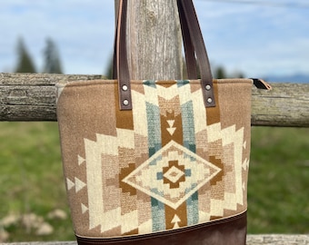 Medium Tote || Southwestern Rock Point Ivory Brown Leather || Rosebud Originals