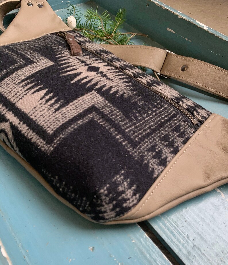 Fanny Pack Hip Bag Southwestern Black Harding Wool Tan Leather Rosebud Originals