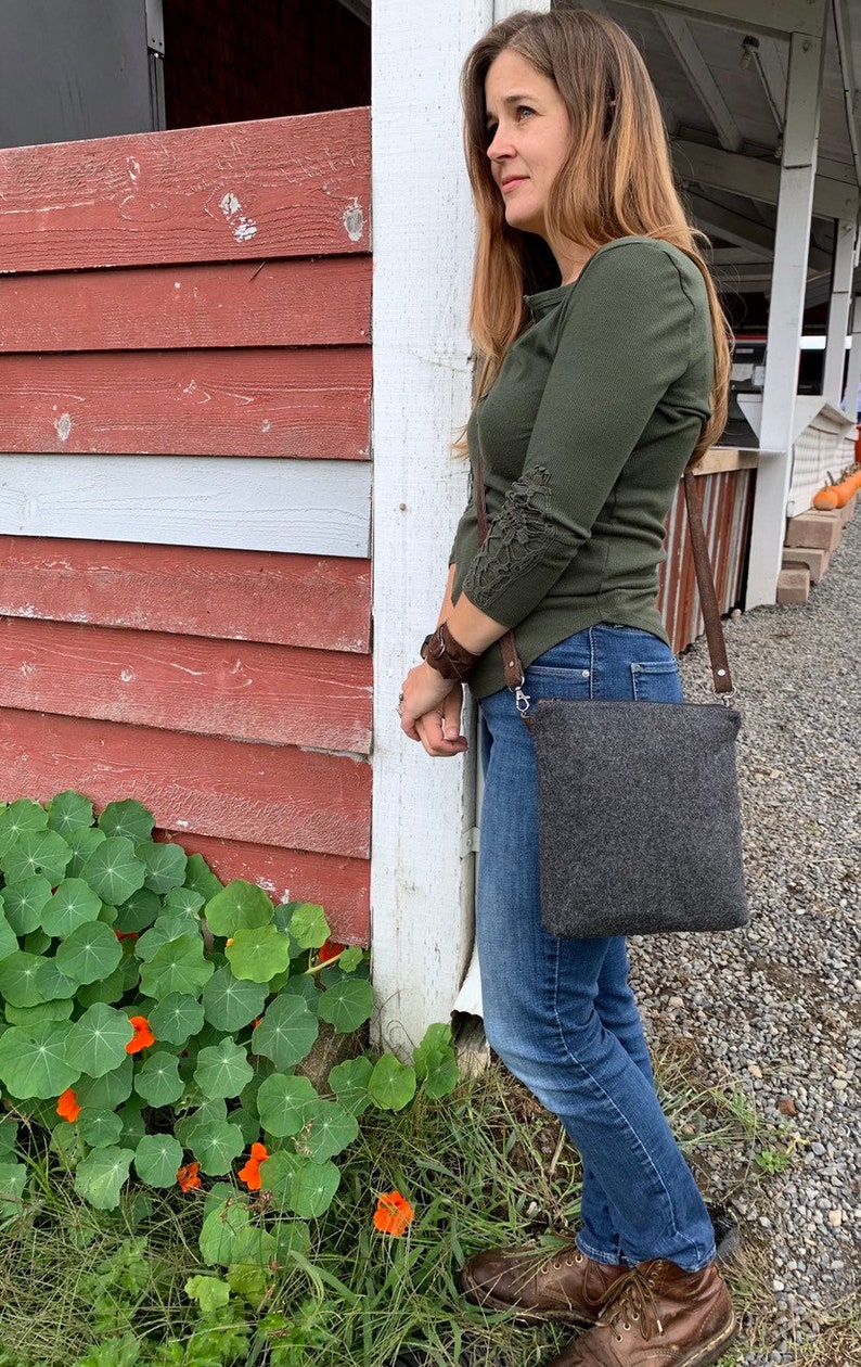 Charcoal Grey Crossbody Messenger Purse Pendleton Wool Brown Leather Rosebud Originals