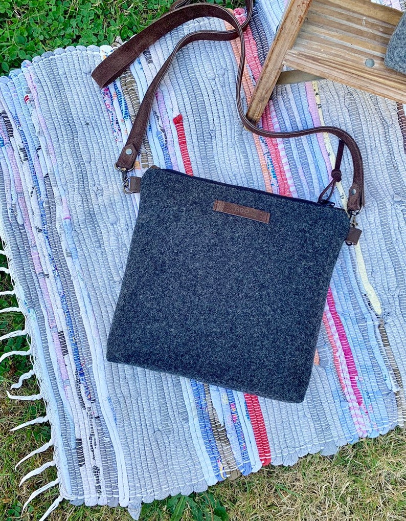 Charcoal Grey Crossbody Messenger Purse Pendleton Wool Brown Leather Rosebud Originals