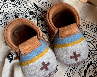 Scout Baby Moccasin 6-12 month || Southwestern Wool Light Brown Chap Leather || Rosebud Originals