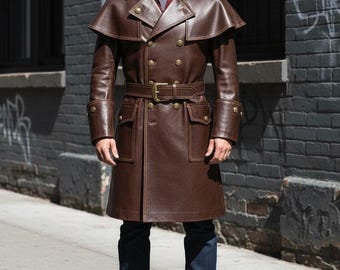 Handgefertigter Trenchcoat aus echtem Leder, Herren Steampunk Gothic Duster
