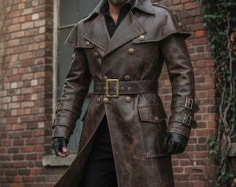 Men's Distressed Dark Brown Leather Trench Coat, Gothic Steampunk Duster