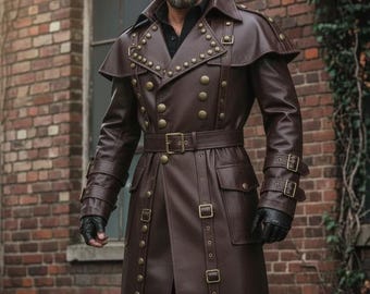 Men's Distressed Dark Brown Leather Trench Coat, Gothic Steampunk Duster
