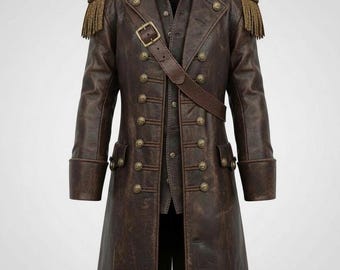 Handgefertigter Militäroffiziermantel aus dem 19.Jahrhundert Herren Distressed Brown Leder Trenchcoat, Gothic Steampunk Duster