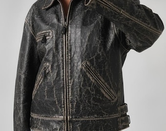Handmade 90s Distressed Leather Biker Jacket – Women's Retro Oversized Outerwear