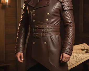 Herren Distressed Brown Leder Trenchcoat, Gothic Steampunk Duster