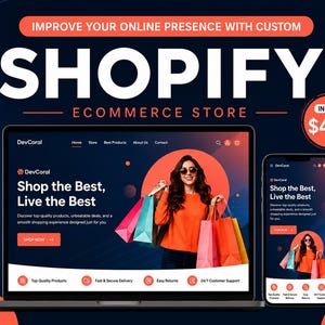 Könnte beinhalten: Eine digitale Werbeanzeige für einen Shopify-Onlineshop-Service mit einem Laptop und einem Smartphone, die eine Website mit dem Text DevCoral, Shop the Best, Live the Best und eine Person mit bunten Einkaufstüten auf dunklem Grund zeigen.