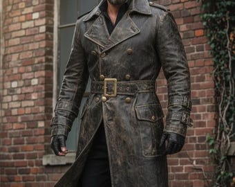 Handmade 90s Distressed Black Leather Trench Coat, Men's Real Leather Gothic Steampunk Duster Trench Coat