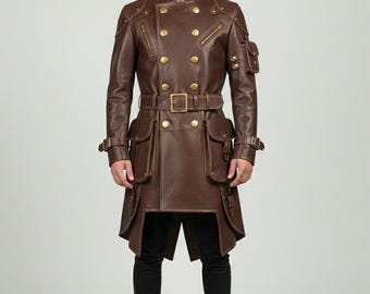Handgemachter Steampunk Trenchcoat aus echtem Leder, Gothic Duster