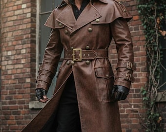 Herren Distressed Brown Leder Trenchcoat, Gothic Steampunk Duster