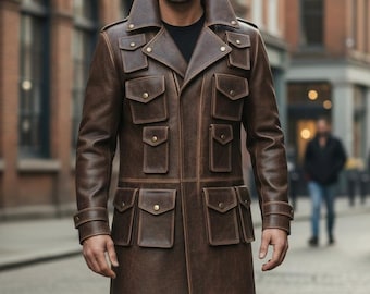 Handmade Leather Trench Coat, 10 Pocket Steampunk Gothic Duster