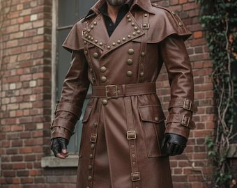 Herren Distressed Brown Leder Trenchcoat, Gothic Steampunk Duster
