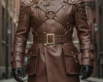Herren Distressed Brown Leder Trenchcoat, Gothic Steampunk Duster