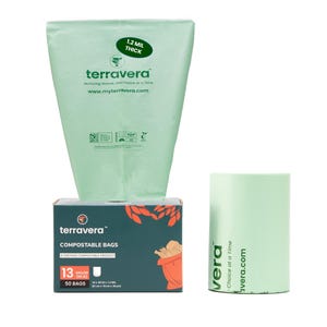 May include: A collection of compostable bags and a roll of compostable bags. The bags are light green and feature the "terravera" logo and text. The box of bags indicates 13 gallon bags, 50 bags total.