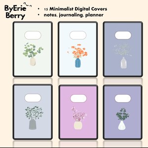Puede incluir: Seis portadas digitales con diseños florales minimalistas. Cada portada presenta un fondo de color diferente, incluyendo verde claro, azul claro y lavanda. Las portadas tienen un recorte ovalado blanco en la parte superior e incluyen el texto "15 Minimalist Digital Covers" y "notes, journaling, planner."