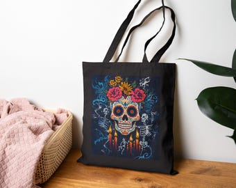 Skull Canvas Tote Bag, Halloween Gift, Floral Grocery Tote, Eco-Friendly Shopping Bag