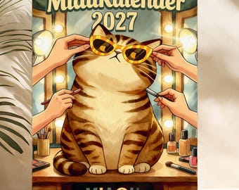 May include: A 2027 wall calendar titled MiauKalender featuring a brown tabby cat wearing yellow-rimmed sunglasses. The cat sits at a vanity with makeup brushes and bottles, while hands apply makeup. The text Miauou Factory is at the bottom.