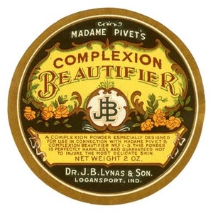 May include: Vintage round label for Madame Pivot's Complexion Beautifier. The label features the text "Complexion Beautifier" in ornate lettering, with floral and scroll designs. The label also includes the text "Net Weight 2 oz."