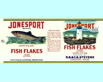 2 Jonesport Fish Flakes Maine Labels