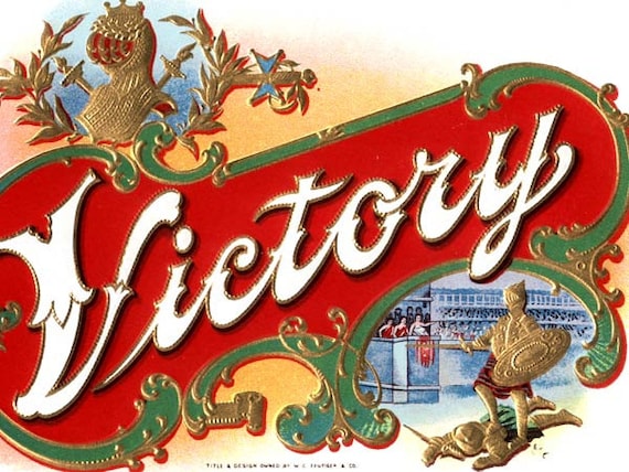 UNUSED CIGAR BOX PAPER LABEL  for  "VICTORY"  BRAND  GOLD EMBOSSED by FRUTIGER 