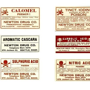 May include: A collection of vintage pharmacy labels from Newton Drug Co. in Seattle, Washington. The labels, in a rectangular format, feature warnings like "Poison!" and list antidotes. The labels are in shades of red and cream.