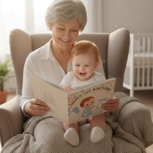 May include: A smiling baby sits on a woman's lap, both looking at a book. The book cover reads "Happy 1st Birthday Theo" with a cartoon illustration. The scene is set in a cozy room with a neutral color palette.